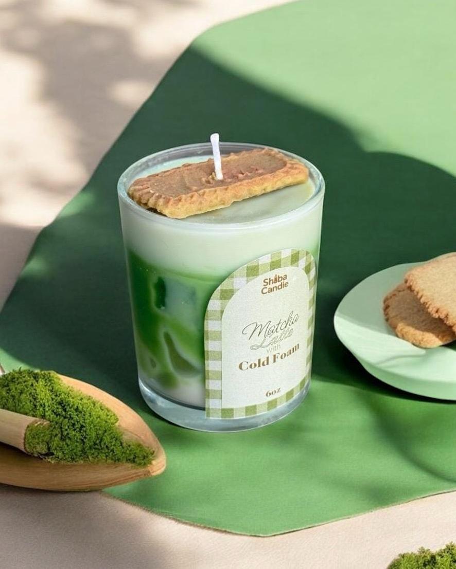 Matcha Latte with Cold Foam Candle: Hand-Poured Soy Mixed Wax, Green Tea × Vanilla Scent (etsy image id: 7436570720)